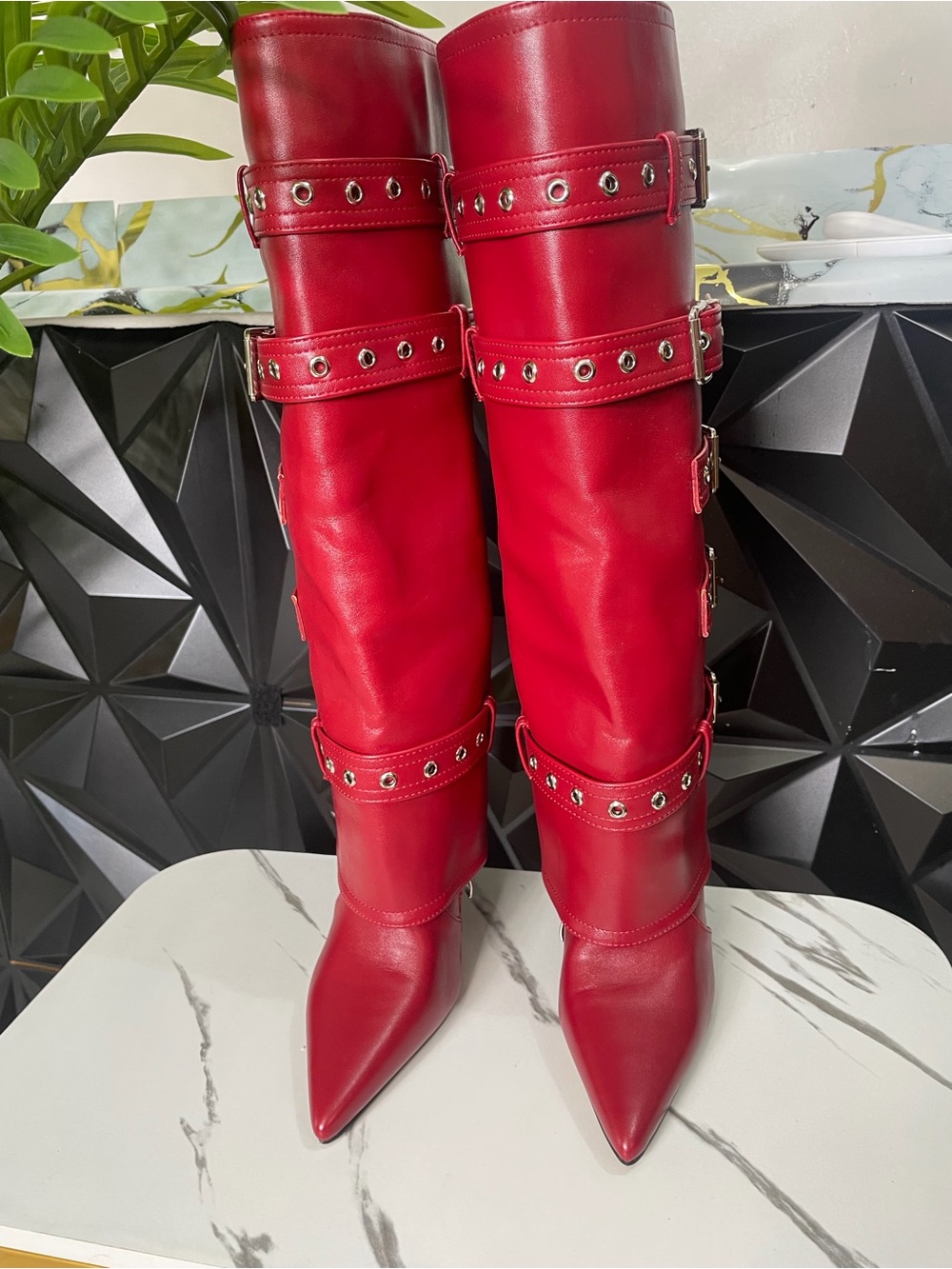 🔥👢Red Studded High Knee Pointed-Toe Women's Boots